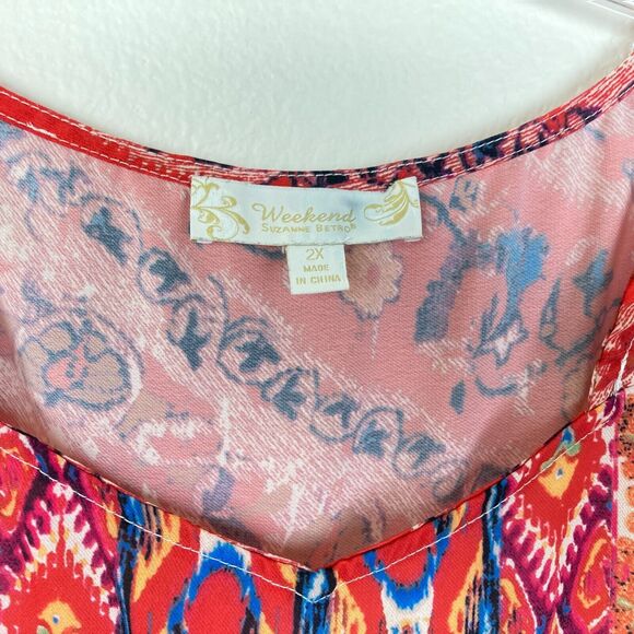 Suzanne Betro Weekend Tunic Top Size 2X Orange Blue Paisley Flutter Sleeve Artsy - Picture 3 of 5